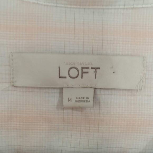 LOFT Ann Taylor Womens Pink White M Top Cotton Plaid Semi-Sheer Button-Up Ruffle - Picture 6 of 7